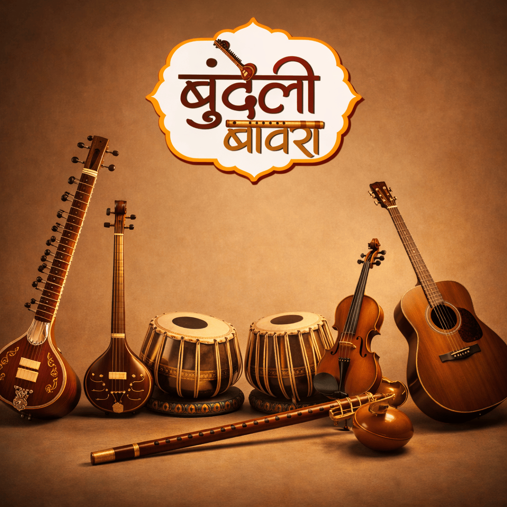 Bundeli Bawra logo displayed with traditional Indian musical instruments